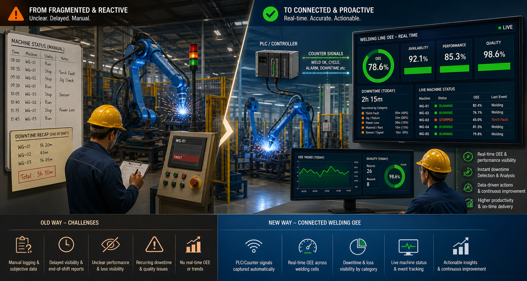 Illustration of OEE welding monitoring evolving from manual downtime recap into connected real-time machine visibility